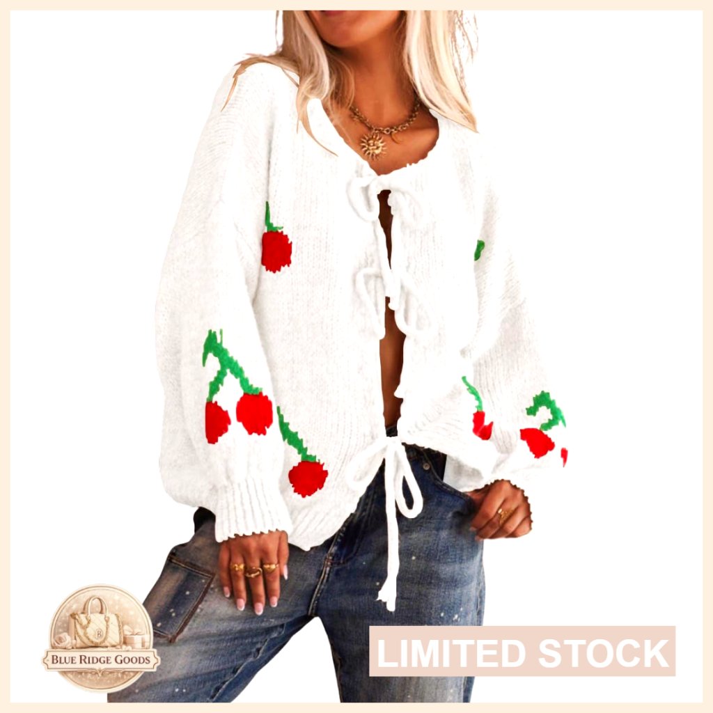 Women's Chunky Knit Cardigan With Cherry Pattern And Bow Knot Closure